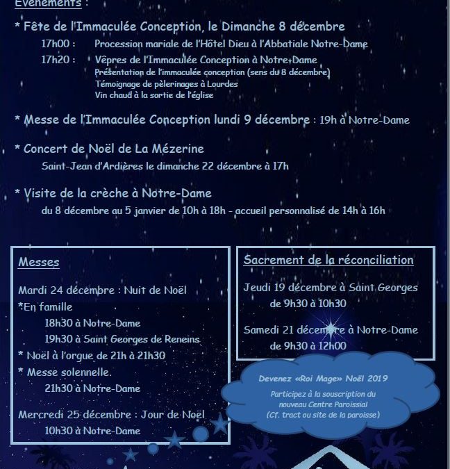 Noël 2019 – Horaires et Propositions pour préparer et célébrer Noël